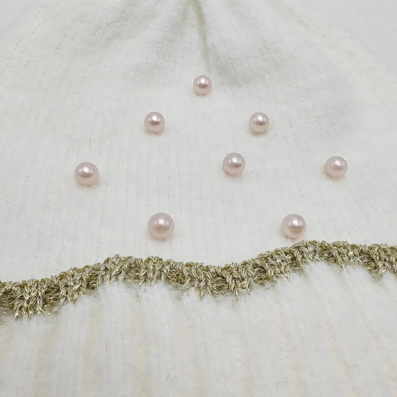 ALLCH Kids Winter Fashion Knitted With Pearls Lurex Edge Cuff Fur Pompom Beanie Hat