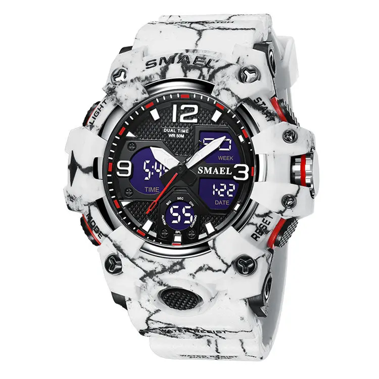 SMAEL Camouflage 8008 NEW Men Watches Sport Dual Time Style 50M Waterproof Clock Alarm Stopwatch Quartz Wristwatches For Men