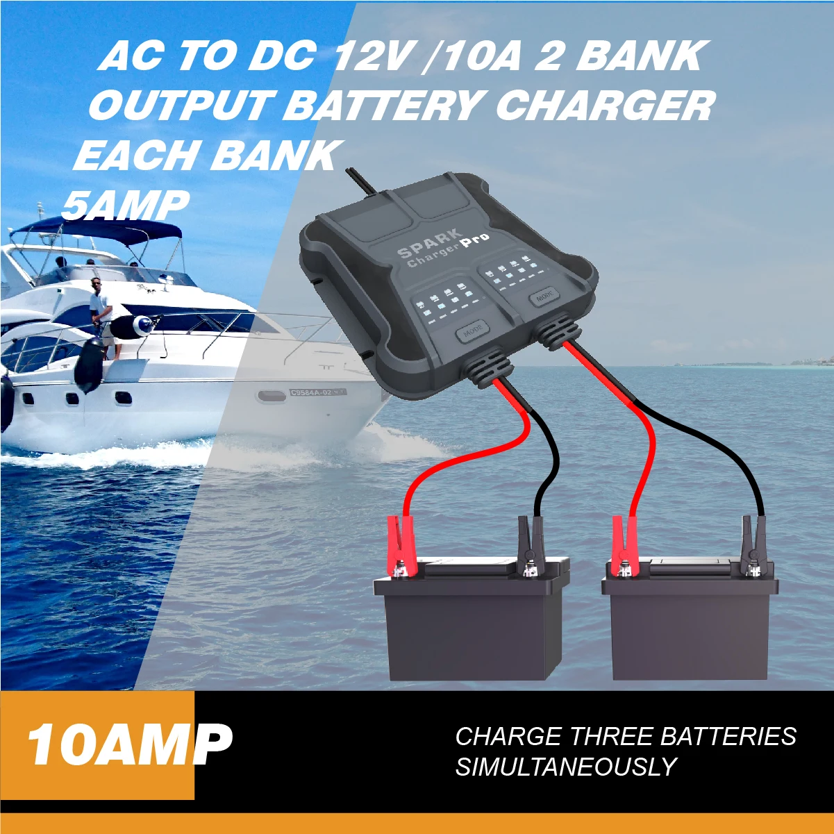 12V/10A battery charger 2 banks output each bank 5 Amps marine charger IP65 waterproof high quality  factory price