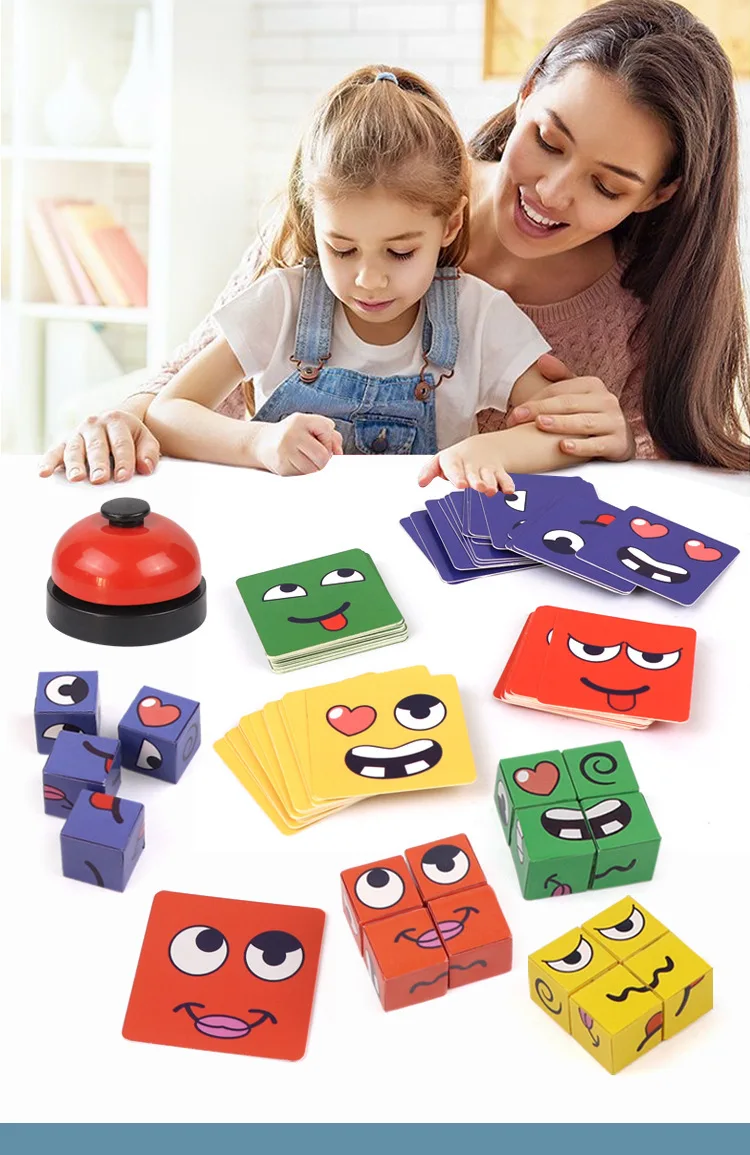 Wooden Building Blocks Face-Changing Jigsaw Puzzles Educational Learning Cubes Toy Set for Challenge with Ring Bell