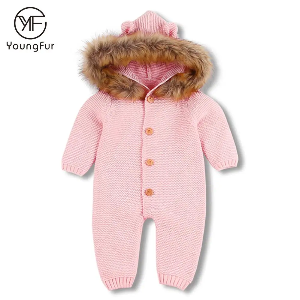 Unisex Baby Rompers Spring Autumn Knitwear Toddler Clothes Raccoon Fur Trim Hooded Newborn Baby Rompers Winter