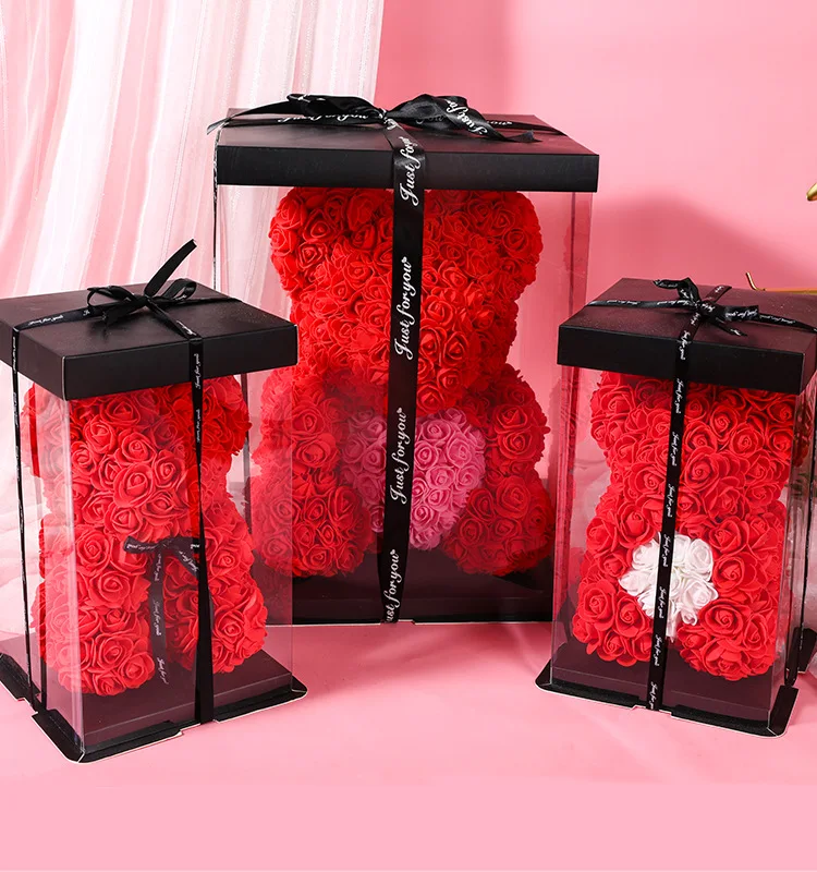 UKIQUEEN Rose Bears With Box Flower 40cm 25cm Roses Valentines Foam Heart Red Gift Gifts Artificial Mini Preserved Rose Bear