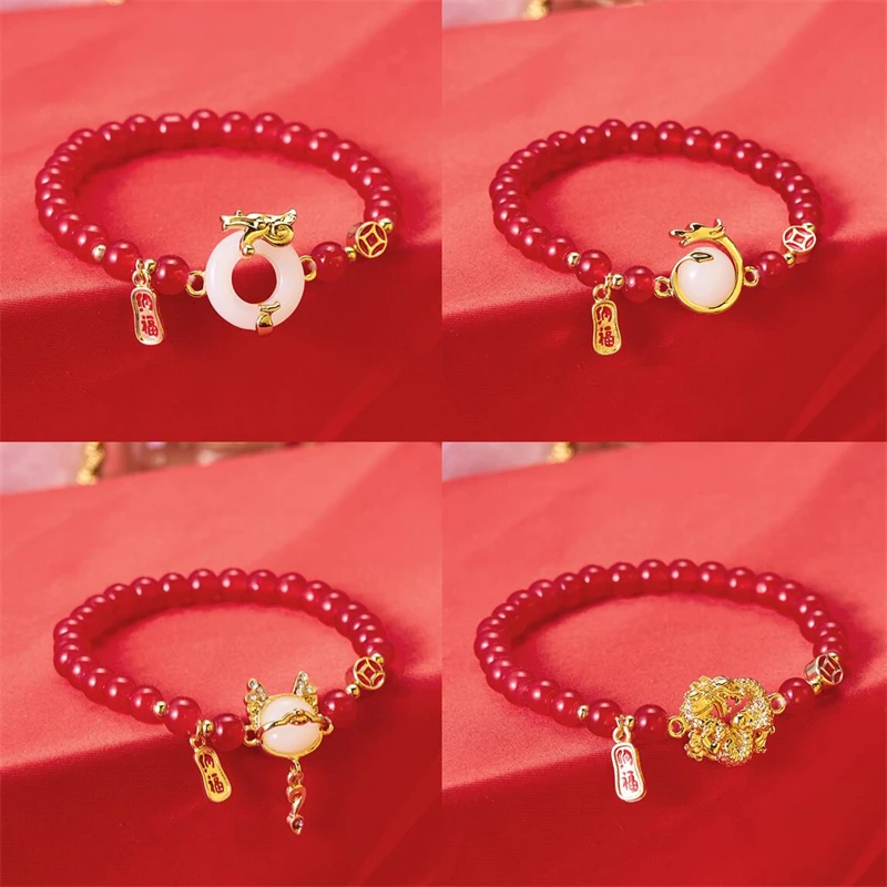 New Year Luxury Women Wholesale Price Gift Stone Bead Dragon String Bracelet Jade Red Dragon Bracelet