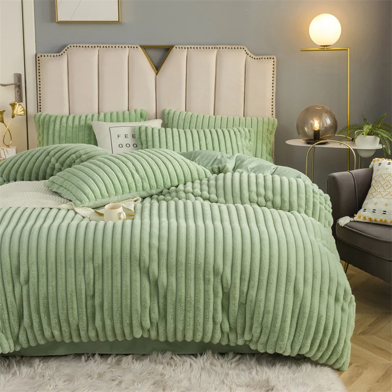 Bean Green King 3PCS Ultra Soft Cozy Luxurious Velour Comforter Duvet Cover with Pillow Shams Bedding Collection for All Season