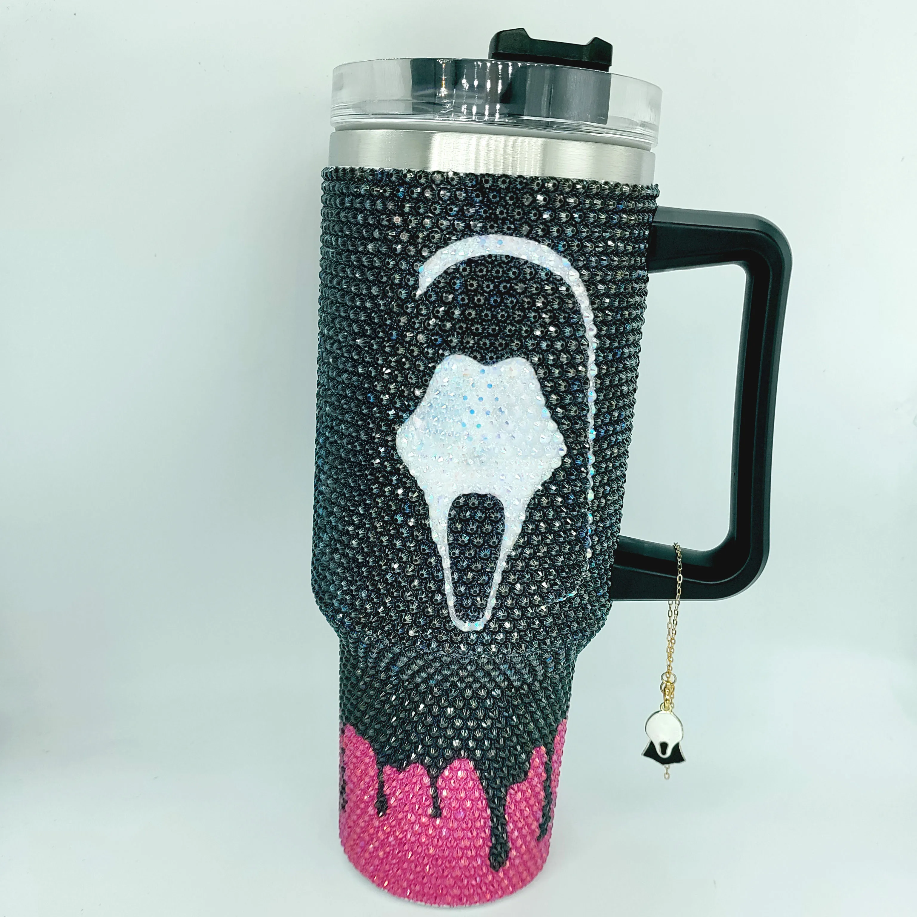 Custom Call Halloween Scream No You Hang up Face Killin It Rhinestone 40oz Vacuum Metal Flask Insulated Cup with Pendants Handle