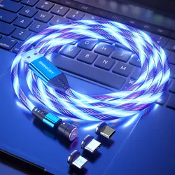 Luminous magnetic fast charging usb cable 540 degree led flowing 2.4A mobile phone fast charging 3 in 1 micro USB C cable 1M 2M