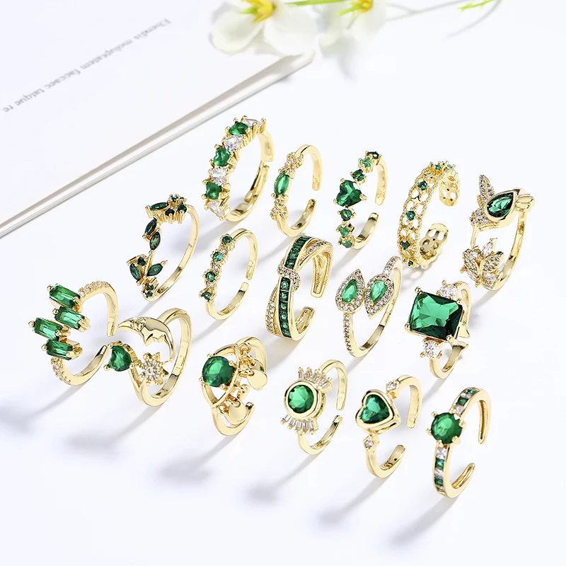 Joyeria Bijouterie ring 18K Brass Gold-Plated Green Zircon Statement women fashion Jewelry  Rings 18K Laminated Gold Wholesale