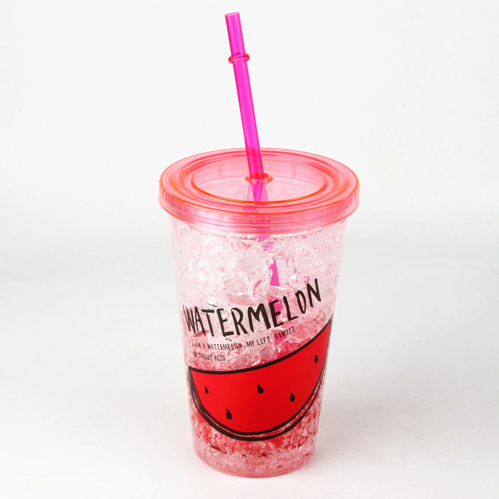Adult Creative Harajuku Plastic Hand Cup Water Cup, Drop Watermelon Frozen Cup with Straw