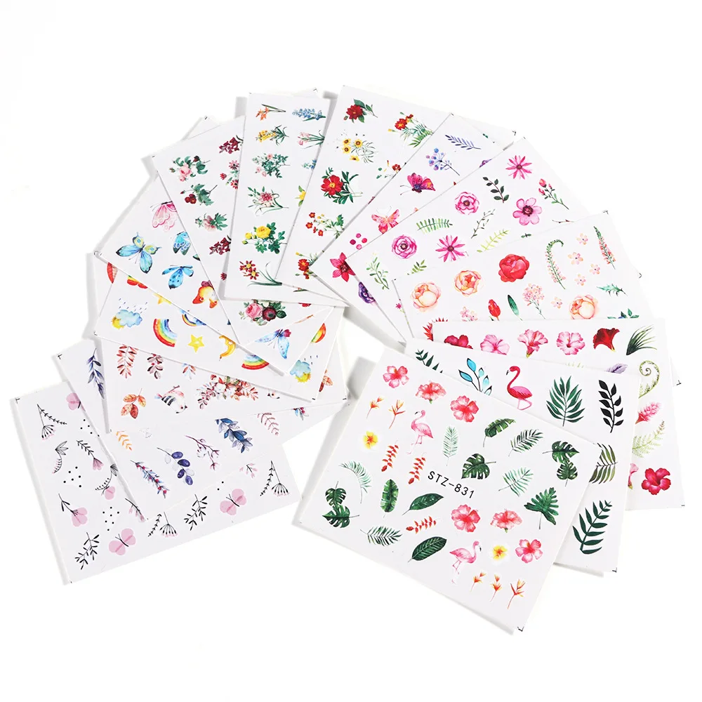 Free Shipping Assorted Patterns Water Transfer Blossom Flower Flamingo Hot Element Green Leaf Roses Flowers Nail Stickers