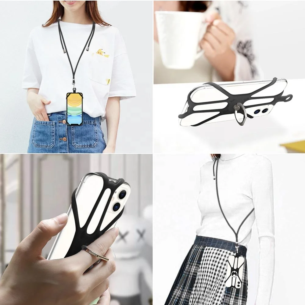 wholesale multi-function Nylon Rope Necklace Phone Case elastic silicone lanyard cell phone holder with finger ring stand