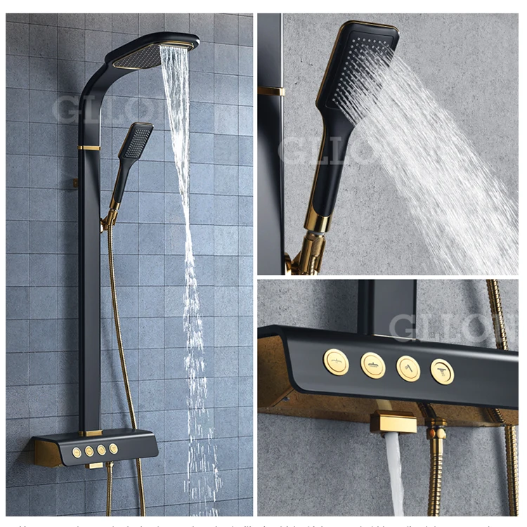 H59 Copper Aluminium Luxury Bathroom Waterfall Rainfall Black and Gold Shower Set Column Panel with Spain Sedal Valve Core