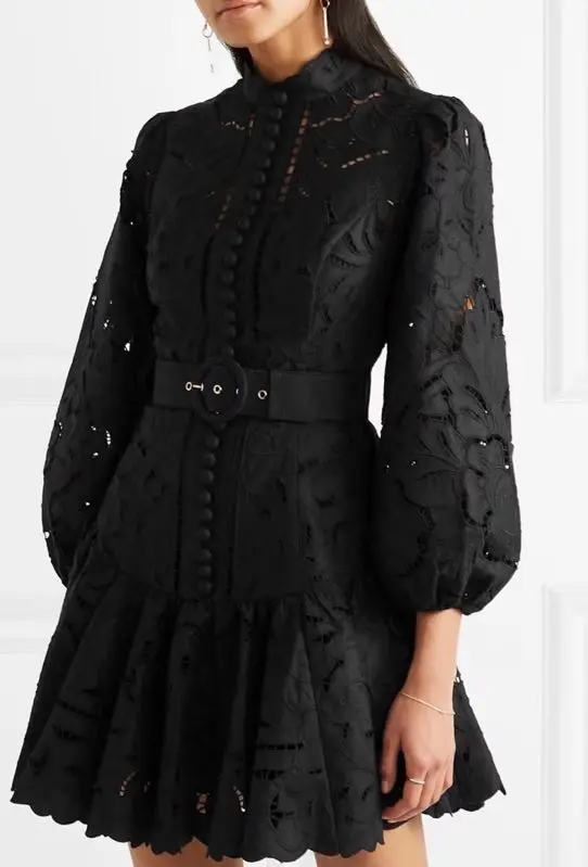  Bishop sleeve Open lace pleated hook A-line skirt commute High collar Decor Wholesale Summer Dresses