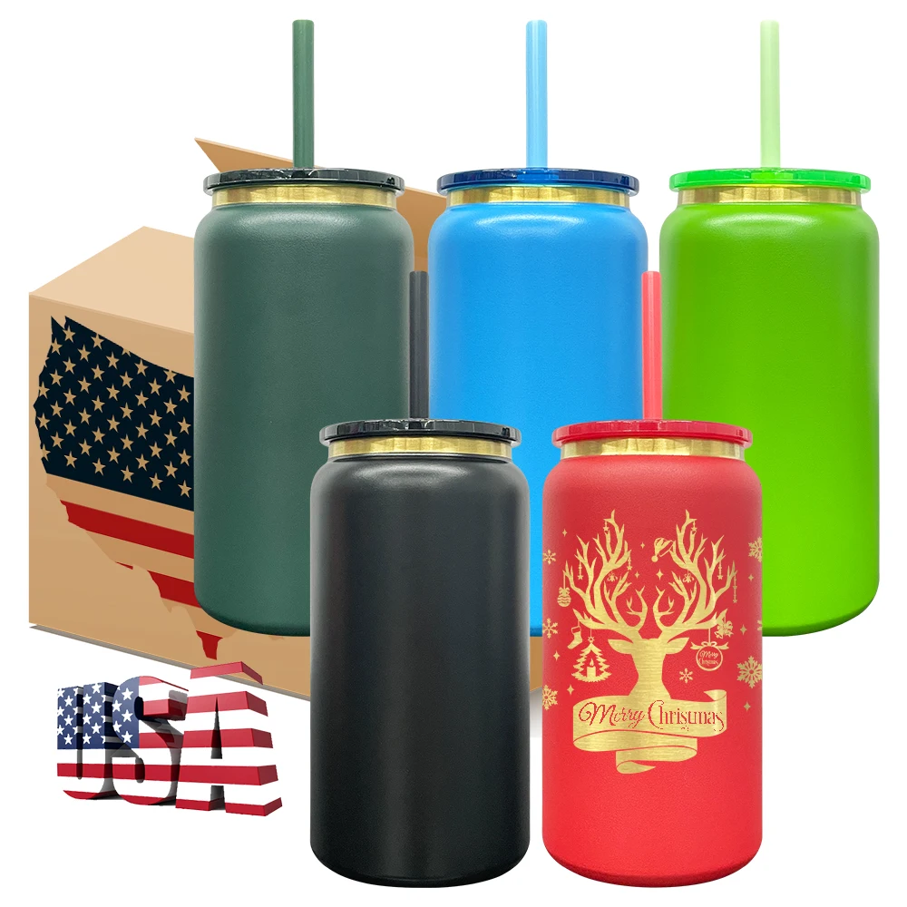 USA Warehouse Free Shipping Colorful Insulated Matt Macaron Blank Sublimation Stainless Steel 16oz Soda Can with Handle