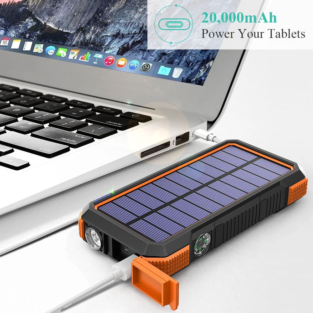 2022 new hot seller OEM Solar Charger PD18W QC 3.0 Fast charge Wireless Waterproof Flashlight Compass 20000mAh Power Bank