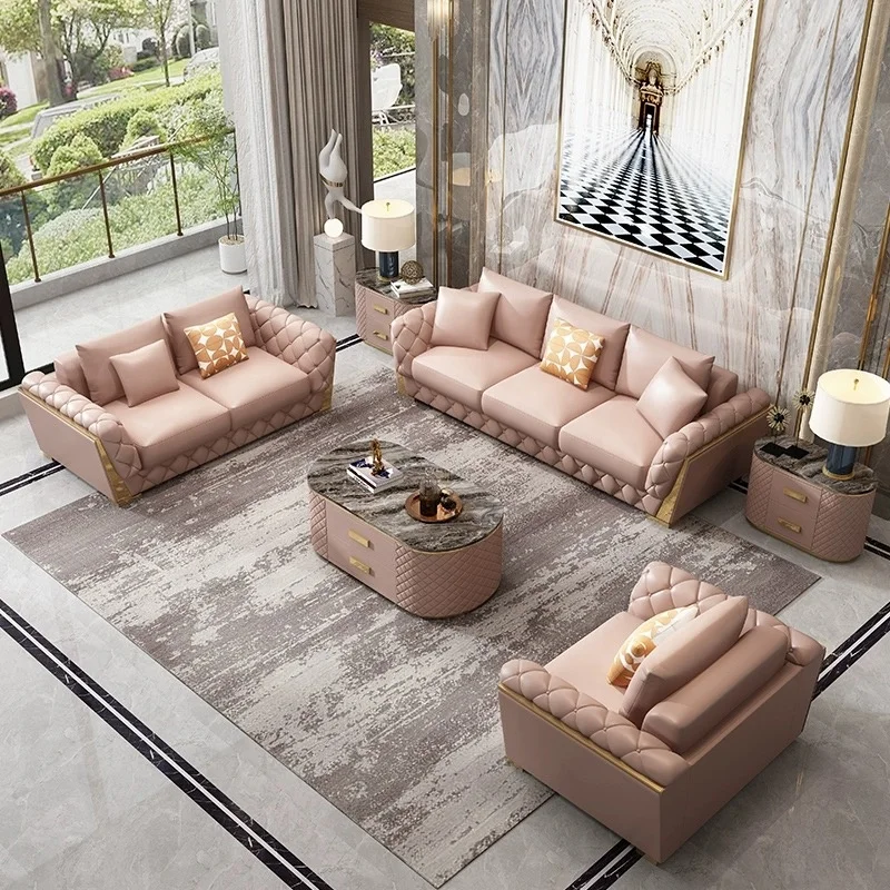 Luxury American Style Leather Couch Living Room Sofas For Home Hotel Metal Sofa Set