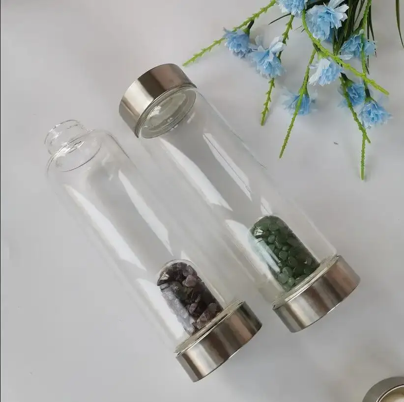 Custom Logo BPA Free Drink Crystal Infused Quartz Gemstone Crystal Healing glass Water Bottle