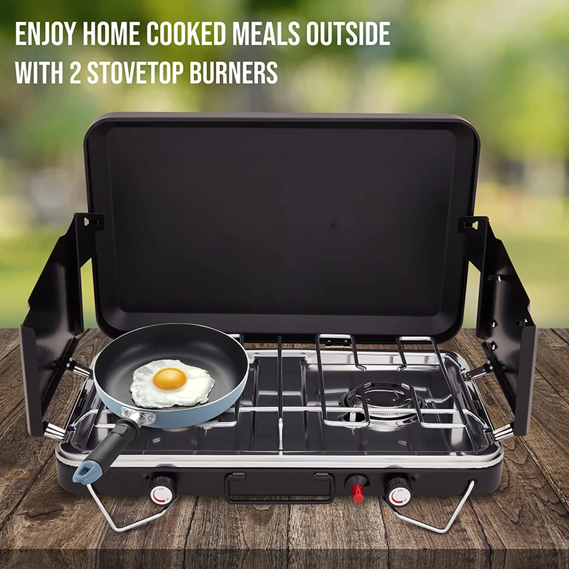 Kingpool 2 Burner Foldable Outdoor Barbecue BBQ Camping Gas Stoves Portable Hiking Tourist Butane Propane Gas Stove for Picnic