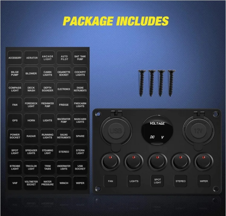 WattBons 5 Gang Rocker Switch Panel Pre-Wired Aluminum Switch Panel with Dual USB Cigarette Lighter Socket Voltmeter 12V-24V