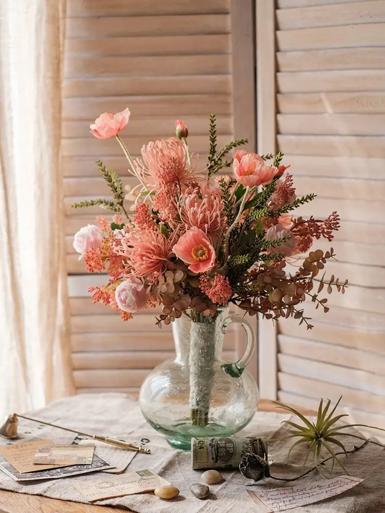 Hot Sale Bouquet Flowers Wisteria Poppy Eucalyptus Leaf Wedding Decoration Silk Plastic Rose Flower Artificial