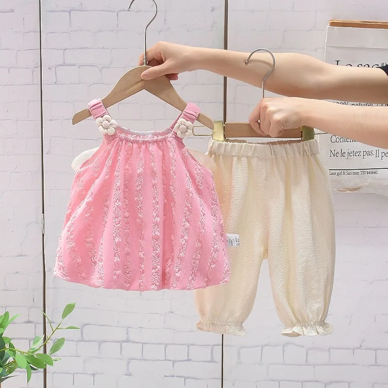 Toddler Baby Girl Summer Casual Bow Sweet Vest + Long Pant Children Two Piece Clothing Sets Boutique