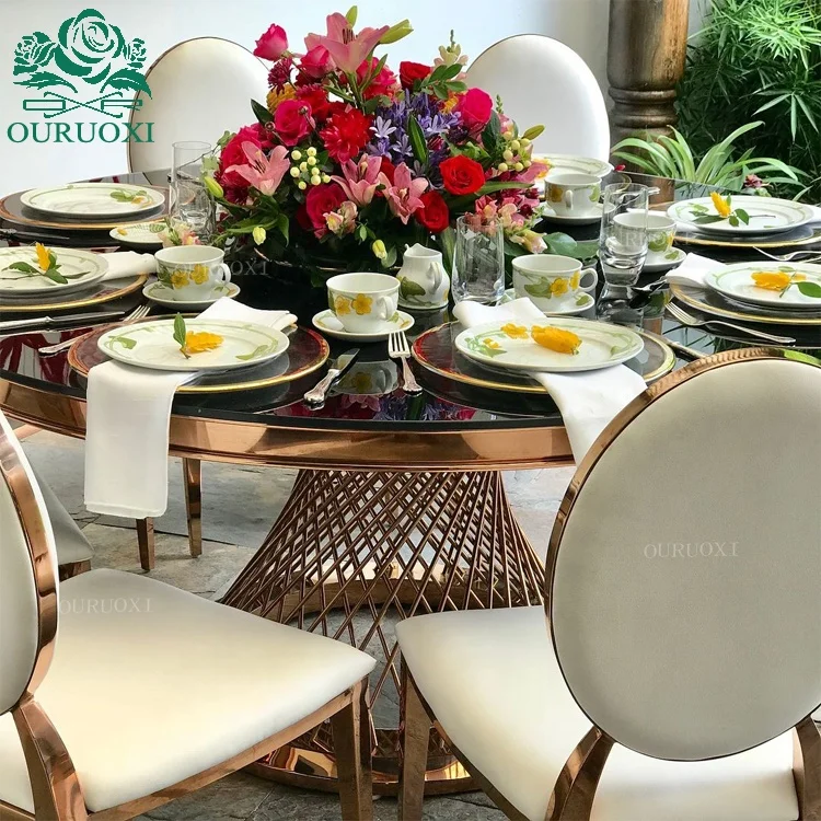 Modern stainless steel design nest base glass top gold wedding event table