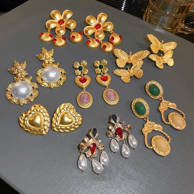 Retro 925 Silver Needle Medieval Butterfly Love Flower Pearl Geometric Earrings Vintage Palace Style Jewelry Earrings  Women