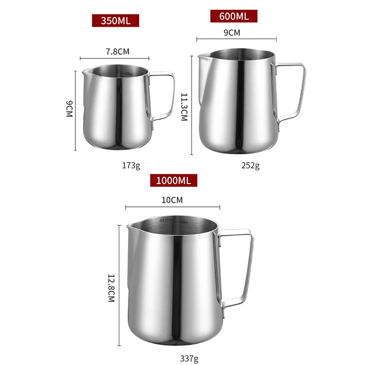 High Quality 350ml 600ml Coffee Espresso Milk Frothing Pitcher with Measurement Scales Stainless Steel Milk Jug