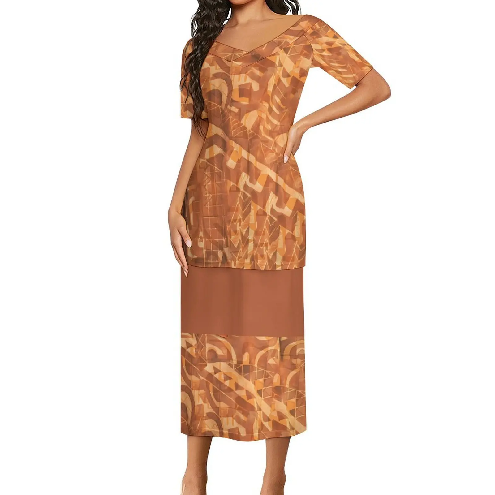 1MOQ Drop Shipping Polynesian Elei Tribal Design Custom Trendy Casual V-neck Short-Sleeved Suit For Women 2 Piece Set Puletasi