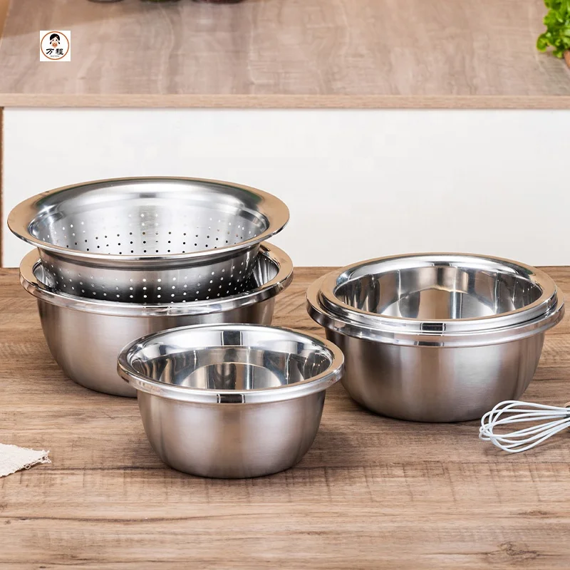 Kitchen Household Five-Piece Bowls Set Stainless Steel Seasoning Basin Set Vegetables Rice Washing Basin With Filter