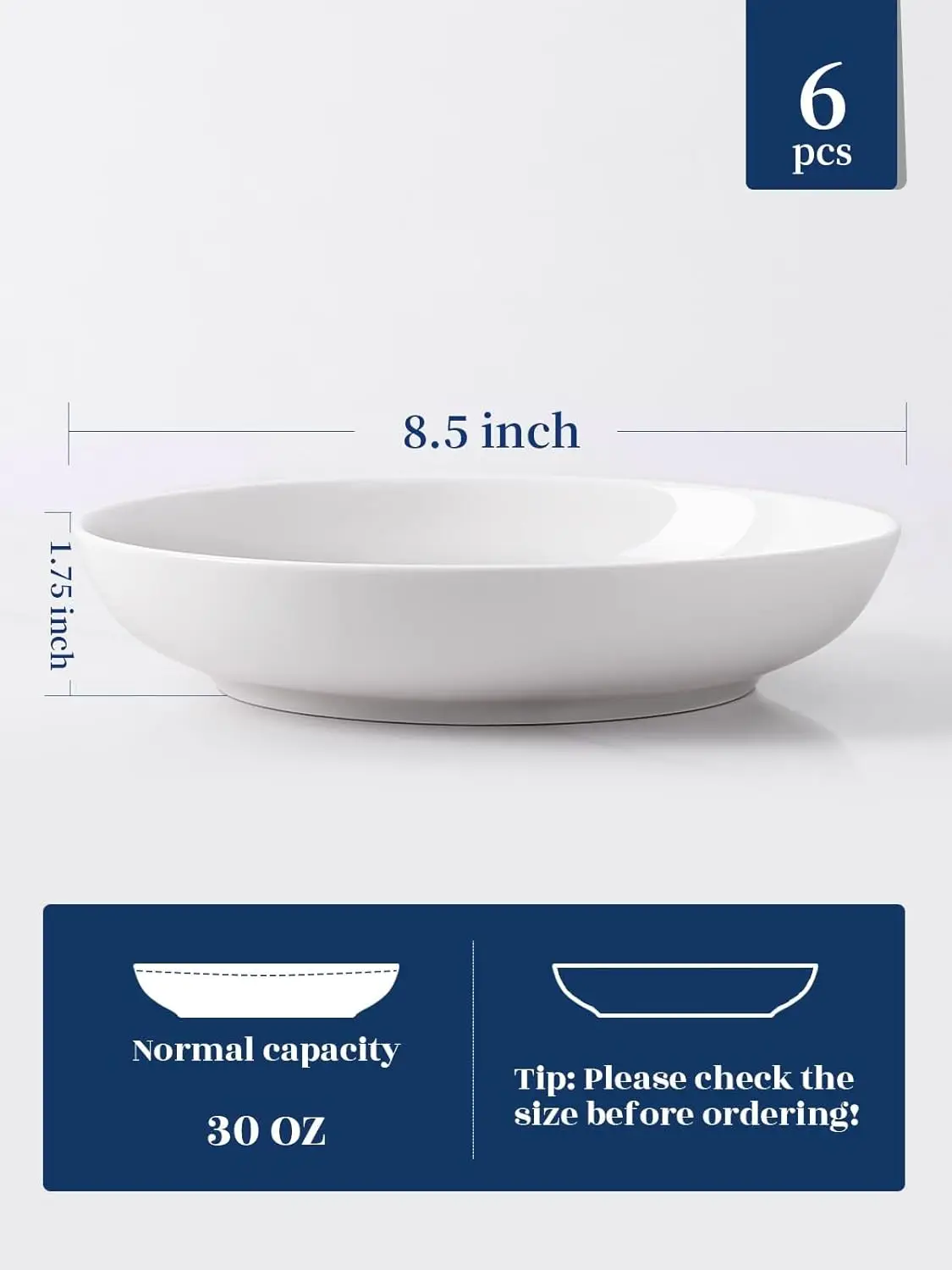Dishwasher Safe Set of 6 solid white 8.5'Pasta Bowl Salad Bowl Large Soup Bowl Set Serving Plates for Salad Pasta Soup Fruit
