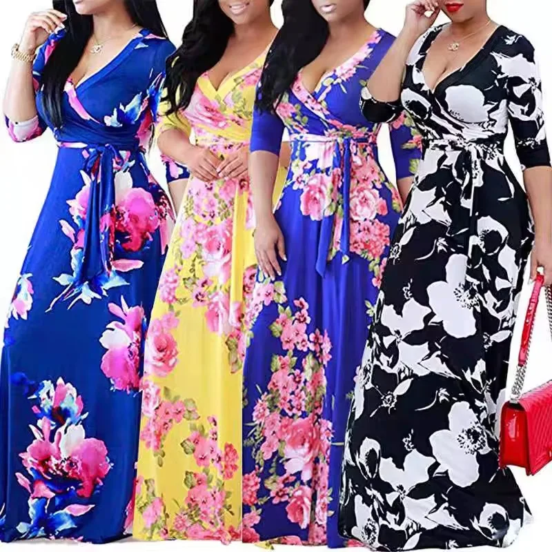 Plus Size Women Clothing Floral Print Long Sleeve Maxi African Split Dress for Women 5XL