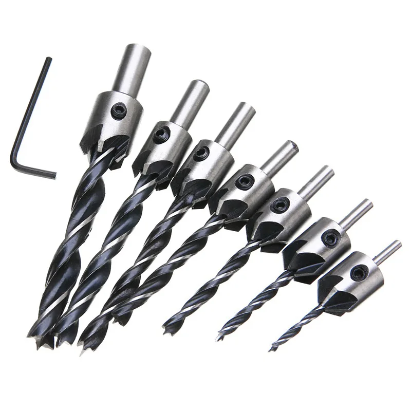 7pcs 3-Point Woodworking Countersink Drill Bits Set Woodworking Chamfer Bits 3mm-10mm High Carbon Steel Countersink Bit Set