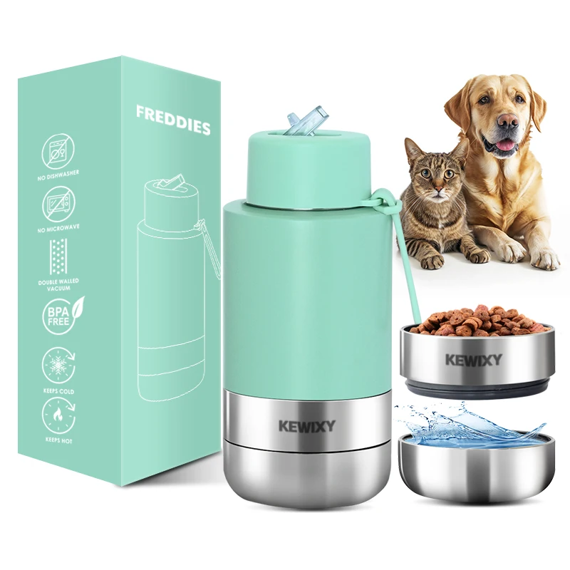 KEWIXY style 34oz 3 in 1 stainless steel pet food feeder insulated vacuum 1l travel portable dog drinking water bottle