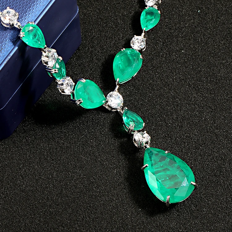 Luxury Silver Jewelry Zircon Pendant Necklace Charm CZ Diamond Chain Necklace Full Iced Out Green Stone Necklace
