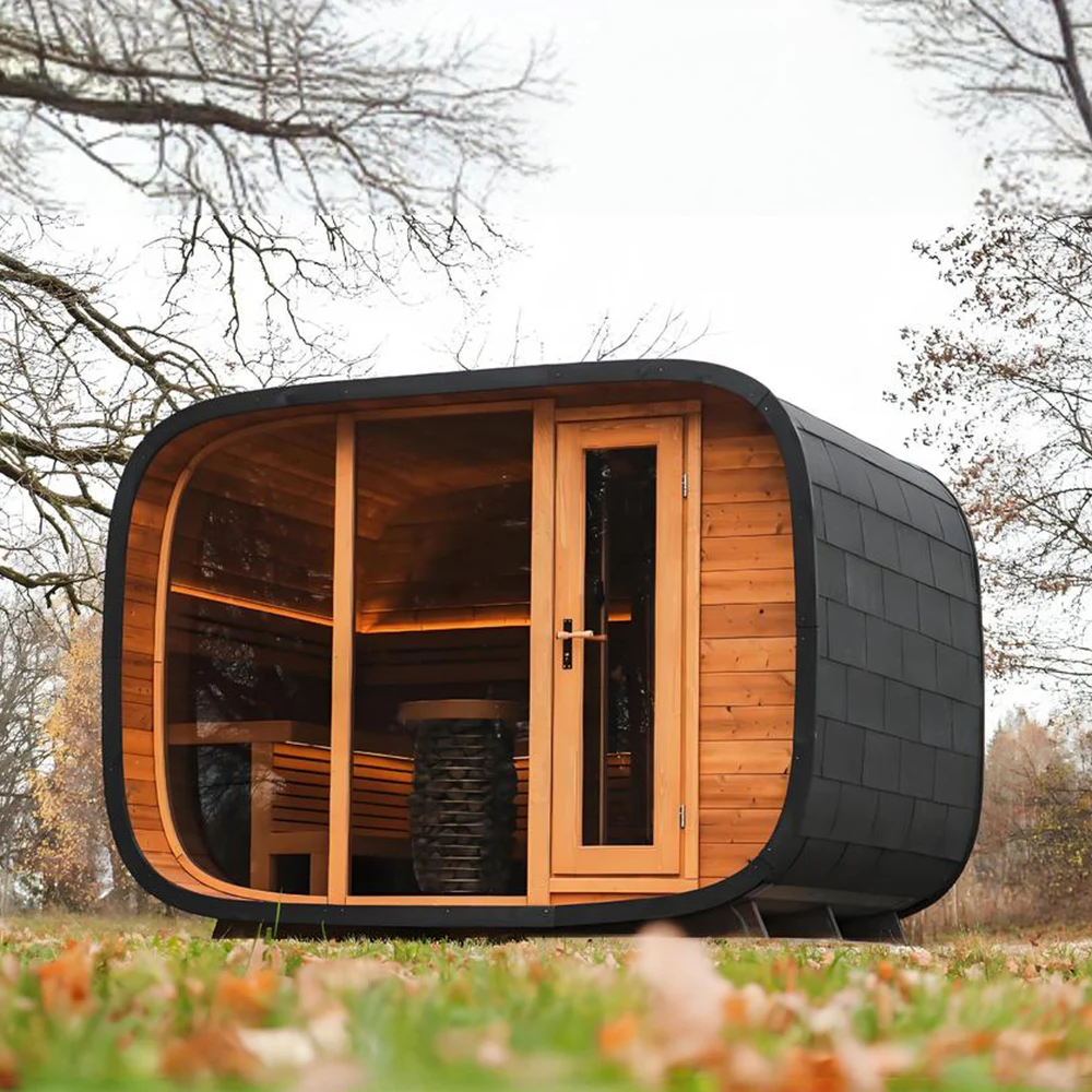 Modern Cube Outdoor Sauna 2-Person, Cedar Wood, Bluetooth Connectivity & LED Display, Cheap Price