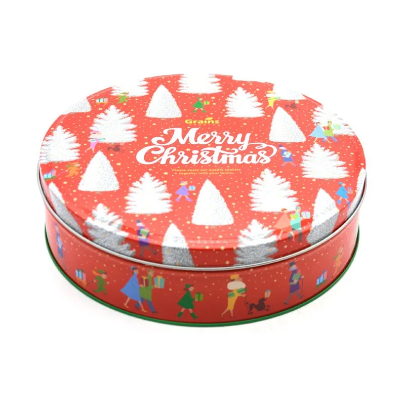 Wholesale free sample custom round shape Christmas metal cookie tin can for chocolate gift package