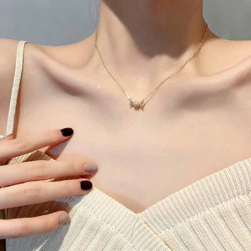 Newest Real Gold Plating Crystal Rhinestone Candy Clavicle Chain Necklace Stainless Steel Full Diamond Sweets Candy Necklace