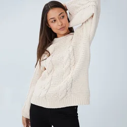 OEM manufacturer ladies fashion trumpet sleeve crew neck pullover cable knitted sweater for women