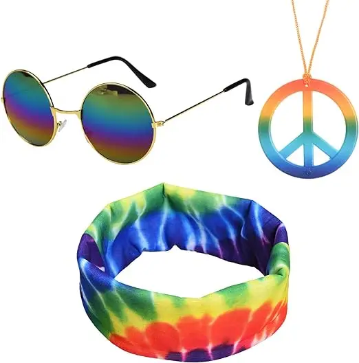 Hippie Costume Set Hippie Sunflower Crown Headband Peace Sign Necklace Round Sunglasses For Party Carnival Holiday