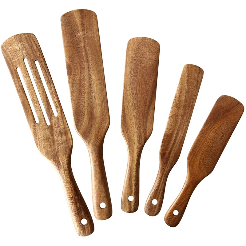 Handmade Natural Teak Wood Non Stick Wooden Kitchen Accessories Acacia Beach Cookware Utensils Tools Spatula Spurtle Set