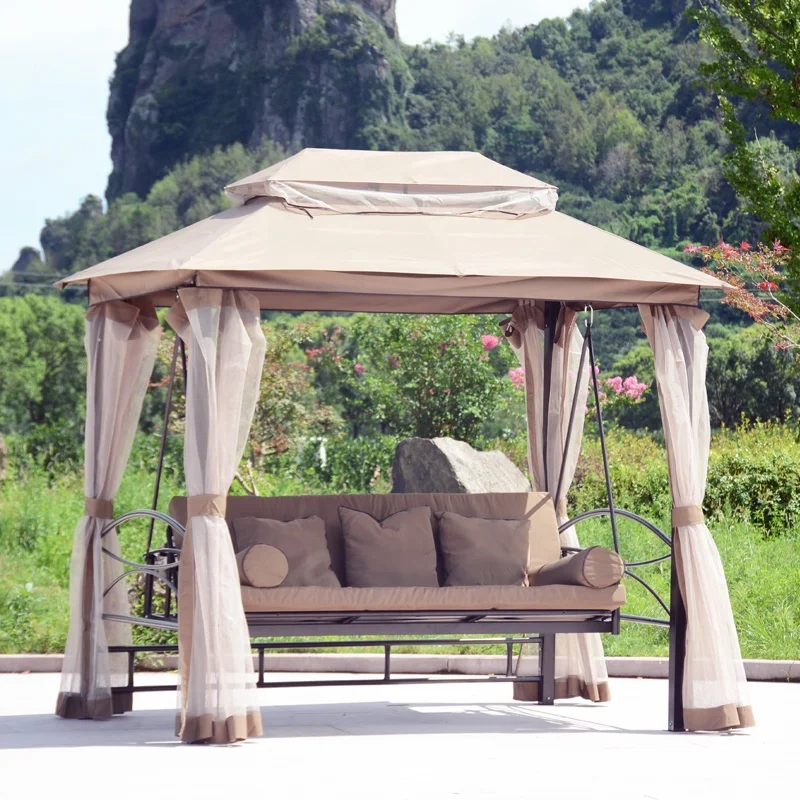 High Quality Aluminum Manufacture Outdoor Leisure Three Person Garden Hanging Swing Chairs And Tent Roman Gazebos With Bug Net