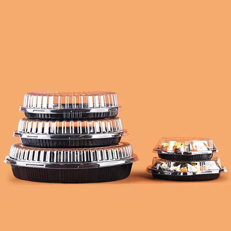 Black Plastic Container Sealed Buckle Food Packaging Round Tray sushi box