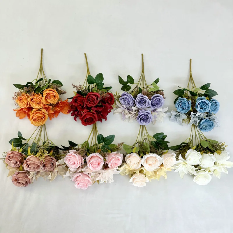 Wholesale High Quality 7 Heads Silk Flower Red Bunch Roses Bouquet Artificial Flower Rose Bouquet