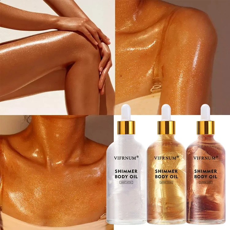private label vitamin E vitmain C face and body bronze silvery gold glow oil shea butter sweet almond shimmer glitter body oil