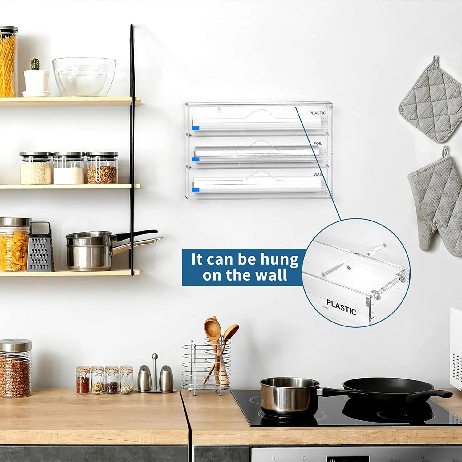 3 in 1  Foil Dispenser with Slide Cutter and Labels  Plastic Wrap Aluminum Foil Acrylic Roll Organizer Holder