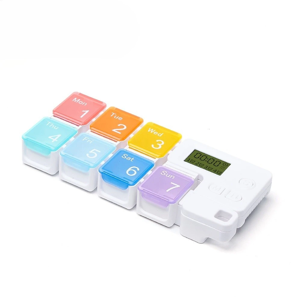 custom pill box with logo packaging small plastic portable low-priced timer medicine pill boxes for safe pill storage on the go