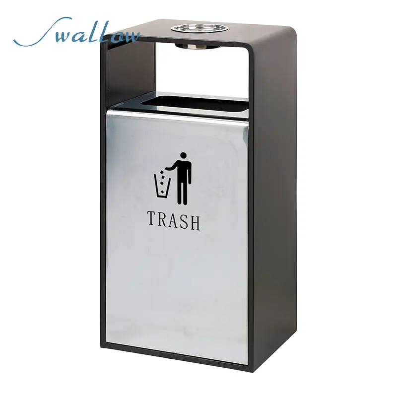 Outdoor Metal Dustbin Garbage Bin Waste Bin Trash Can Oval Standing Structure Stainless Steel Plastic Wood Hotel Lobby Use