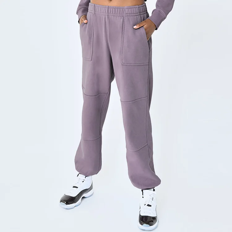 Wholesale High Quality Fashion Trendy Private Labeling Plain Dyed Thick Stacked Outfit Baggy Women Pocket Sweatpants