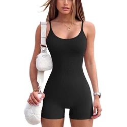 Spot Wholesale Girls Jumpsuits One Piece Ribbed Spaghetti Strap Exercise Romper Sport Jumpsuits