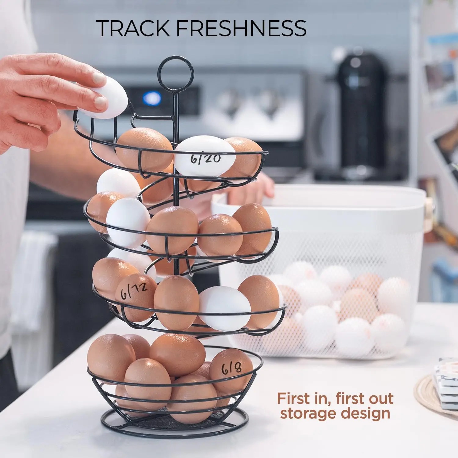Egg Stand Egg Deluxe Modern Spiraling Dispenser Rack Chrome Plated Freestanding Wire Chicken Egg Storage Organizer